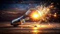 Exploding incandescent light bulb with fiery sparks and glowing filament on wood fire Royalty Free Stock Photo