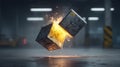 Exploding Metal Box Unleashing Fiery Energy and Embers Royalty Free Stock Photo