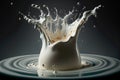 Exploding milk splash against Black Background in slow motion. Milky white liquid dripping splashing wave. Generative AI