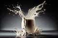 Exploding milk splash against Black Background in slow motion. Milky white liquid dripping splashing wave. Generative AI