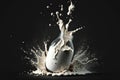 Exploding milk splash against Black Background in slow motion. Milky white liquid dripping splashing wave. Generative AI