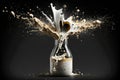 Exploding milk splash against Black Background in slow motion. Milky white liquid dripping splashing wave. Generative AI