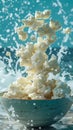 Exploding Milk Splashes With Crisp Popcorn In Bowl Against Aqua Background Dynamic Food Photography Concept
