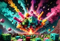 Exploding Minecraft colorful cubes paint and splashes. Minecraft colorful blocks. Exploding cubes. Generative AI