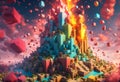 Exploding Minecraft colorful cubes paint and splashes. Minecraft colorful blocks. Minecraft world. Digital AI Royalty Free Stock Photo