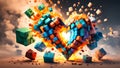 Exploding Minecraft colorful cubes paint and splashes. Heart shape colorful blocks. Generative AI.