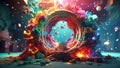 Exploding Minecraft teleport portal paint and splashes. Minecraft colorful blocks. Exploding portal. Generative AI