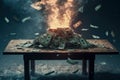 Exploding money on a table filled with dollar bills, Generative AI Royalty Free Stock Photo