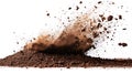 Exploding mound of dark soil isolated on white background intense bursting particles for visual effects Royalty Free Stock Photo