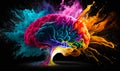 Exploding multi-colored brain with bright splashes. Creative mind concept. Black backdrop. Generative AI