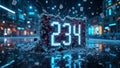 Exploding neon block displaying numbers with flying debris in night city scene Royalty Free Stock Photo
