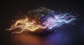 Exploding Neon Cube: Abstract 3D Render of Shattering Block with Glowing Energy Streams Royalty Free Stock Photo