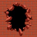 Exploding out hole in red brick wall vector illustration