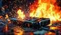 Exploding pager engulfed in flames, high-intensity action scene Royalty Free Stock Photo