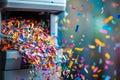 Exploding paper shredder with vibrant flying fragments Royalty Free Stock Photo
