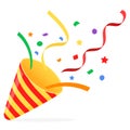 Exploding party popper with confetti, bright cartoon birthday cracker. Isolated vector illustration of celebration symbol emoji. Royalty Free Stock Photo