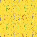 Exploding party popper with confetti, flat seamless pattern on yellow background Royalty Free Stock Photo