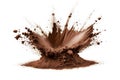 Exploding pile of cocoa powder, brown powder splash on white background, food ingredient explosion