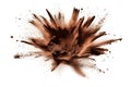 Exploding pile of cocoa powder, brown powder splash on white background, food ingredient explosion