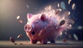 Exploding pink piggy bank with a surprised look on its face while coins are flying around