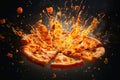 Exploding pizza on a dark background created with generative AI technology