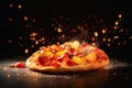 Exploding pizza on a dark background created with generative AI technology