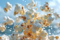 Exploding popcorn flies up, abstract cinema background. Generative AI