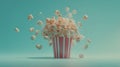 Exploding popcorn flying out of a red and white striped bucket on a teal background Royalty Free Stock Photo