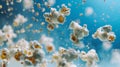 Exploding Popcorn Kernels on a Blue Background