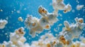 Exploding Popcorn Kernels on a Blue Background