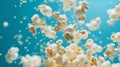Exploding Popcorn Kernels on a Blue Background