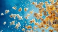 Exploding Popcorn Kernels on a Blue Background