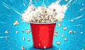 Exploding popcorn in red cup with dynamic blue background and comic style effects