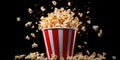 Exploding Popcorn in a Red and White Striped Container with Sparks on a Black background. Front View. Generative AI