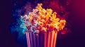 Exploding Popcorn in a Striped Container with a Vibrant Colorful Background