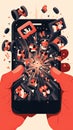 Exploding smartphone animation with vibrant content in dramatic cartoon style