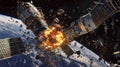 Exploding space station with debris scattering in orbit