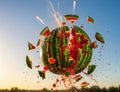 Exploding watermelon caught mid-flight releasing a spray of ruby flesh and black seeds into airy surrounding space Royalty Free Stock Photo