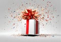 Exploding white gift box on infinite white background. Royalty Free Stock Photo