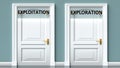 Exploitation and exploration as a choice - pictured as words Exploitation, exploration on doors to show that Exploitation and