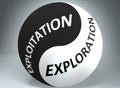 Exploitation and exploration in balance - pictured as words Exploitation, exploration and yin yang symbol, to show harmony between