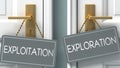 Exploration or exploitation as a choice in life - pictured as words exploitation, exploration on doors to show that exploitation