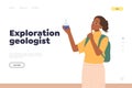 Exploration geologist landing page design template with smart woman researcher analyzing soil sample
