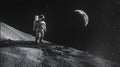 Astronaut exploration on lunar surface with earthlike planet in the starry sky black and white image Royalty Free Stock Photo