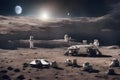 Bases and spaceship on moon. Mission to Moon, Royalty Free Stock Photo