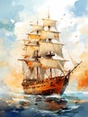 Exploration - A Painting Of A Ship With White Sails Royalty Free Stock Photo