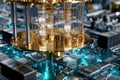 Exploration of quantum computing technology on a circuit board with golden components Royalty Free Stock Photo