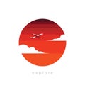 Exploration and travel concept vector with abstract plane flying into sunset sky. Self discovery, active lifestyle