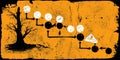 Abstract Graphic with Clock Symbols, Arrows, Tree Silhouettes, and Distressed Orange Background
