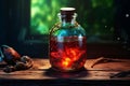 Enchanting witchcraft potion on wooden table, Generative AI